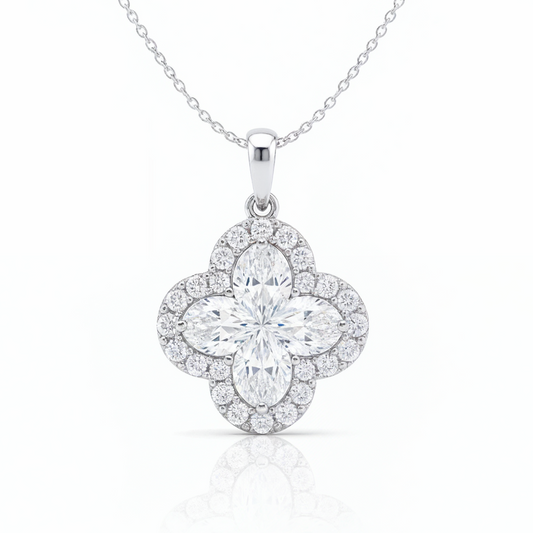 2 Carat, Colour D-E, Clarity VVS-VS, Clover-Cut Diamond Halo Pendent in Sterling Silver