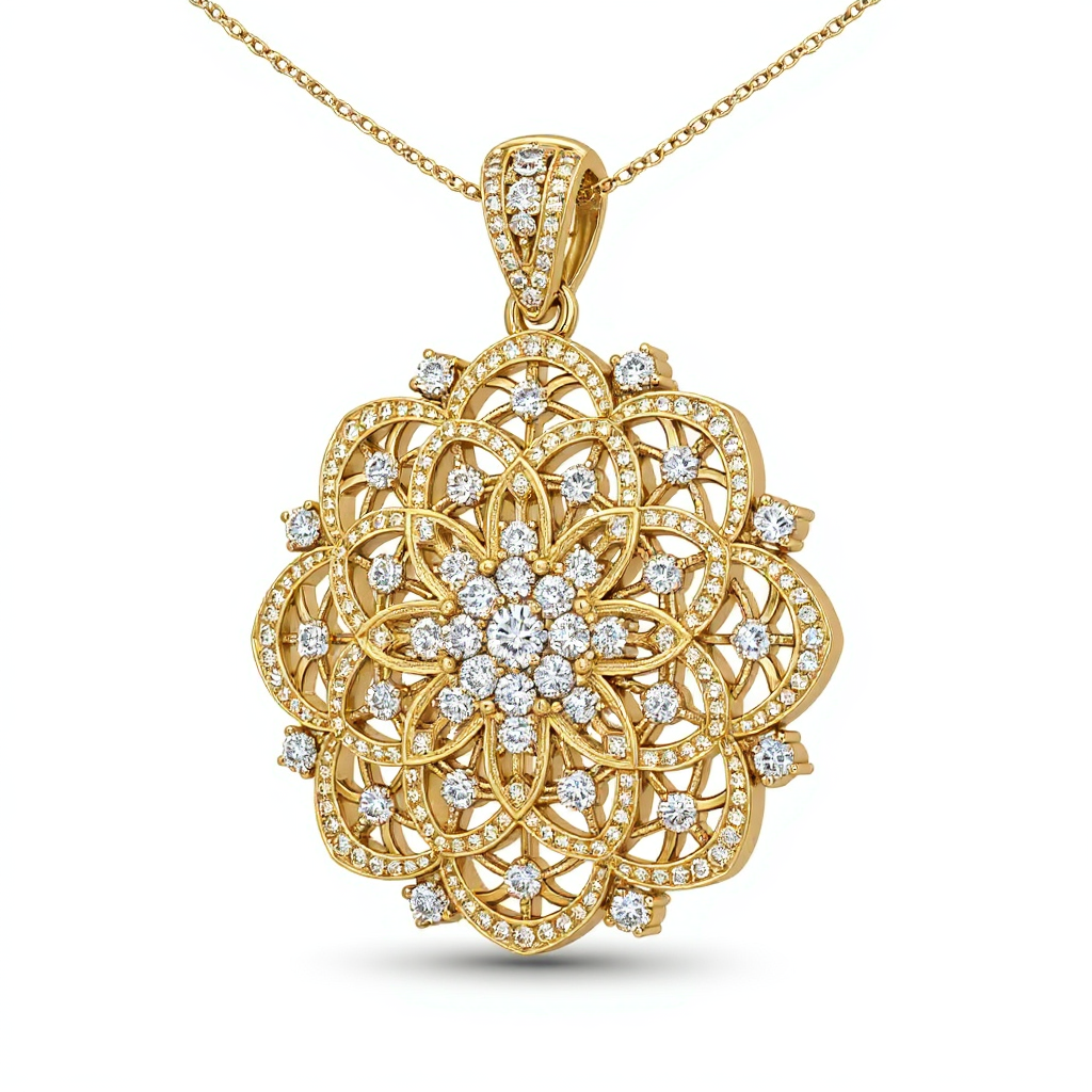 Gold pendant with diamond accents on a white background