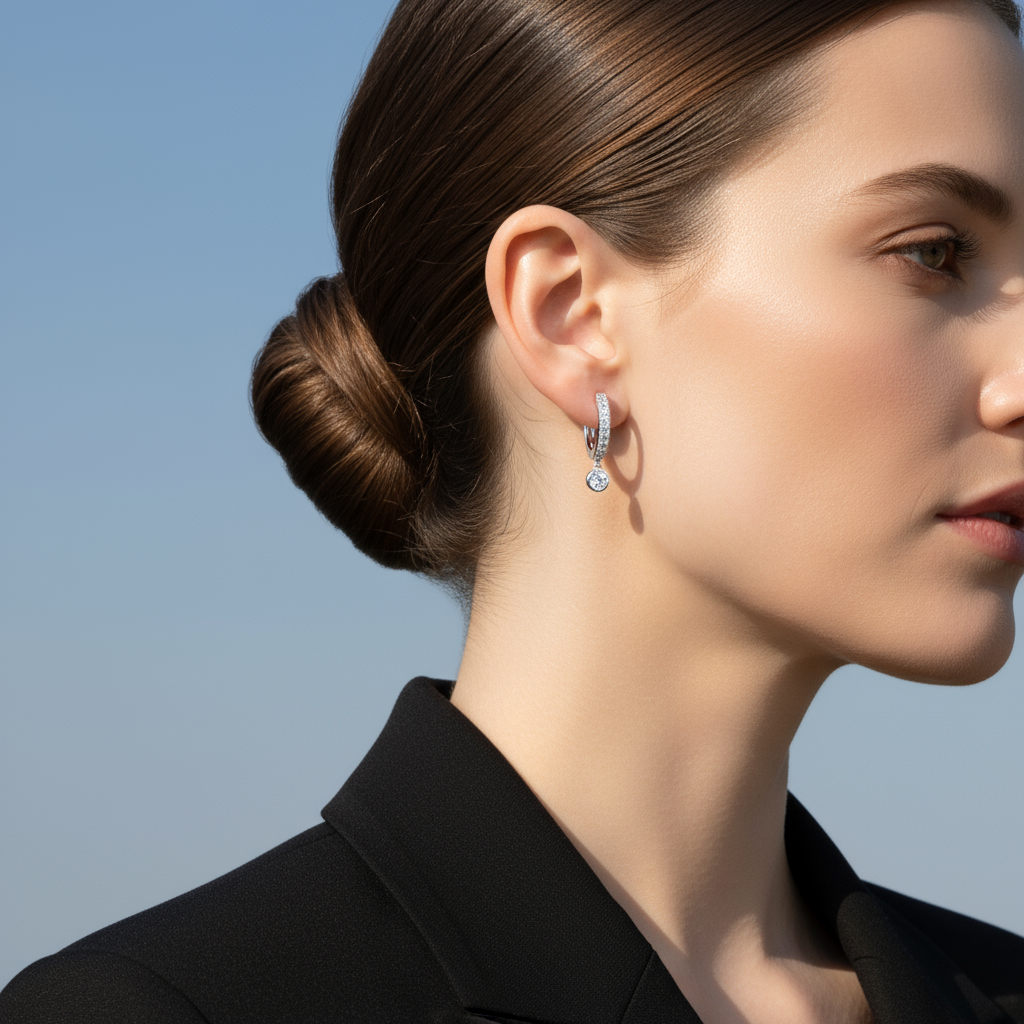 1 Carat, Colour D-E, Clarity VVS-VS, Round-Cut Diamond Drop Hoop Earrings Sterling Silver