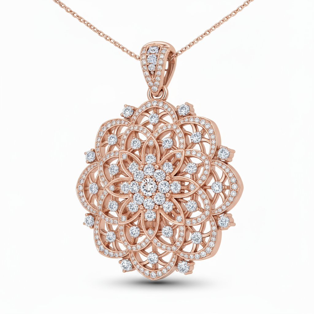 Rose gold necklace with a intricate pendant on a white background