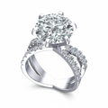 Diamond ring with a large central gemstone and smaller stones on a white background