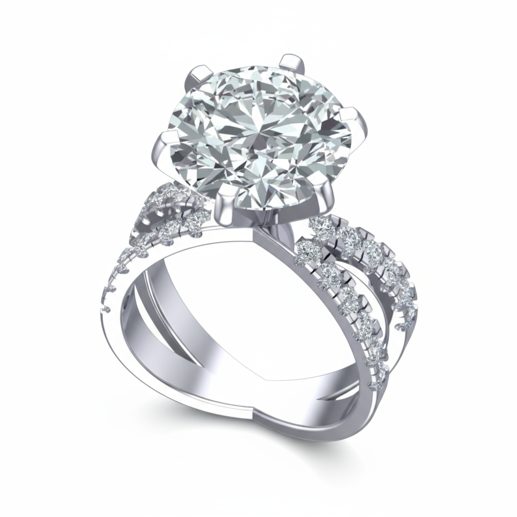 Diamond ring with a large central gemstone and smaller stones on a white background