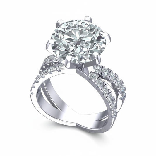 Diamond ring with a large central gemstone and smaller stones on a white background