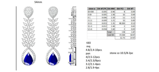 Regal Blue Drop Diamond Earrings with Leaf Motif – 1.07 CTW, 54mm, 18KT Gold