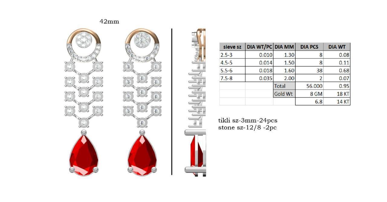 Elegant Red Teardrop Dangle Earrings with Diamond Square Chains – 42mm, 0.95 CTW, 18KT Gold