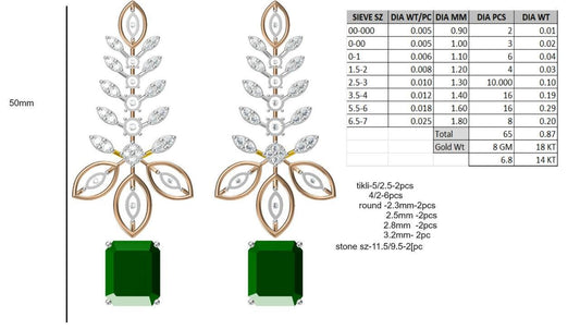 Leaf-Inspired Green Emerald Drop Earrings with Diamond Accents – 50mm, 0.87 CTW, 18KT Gold