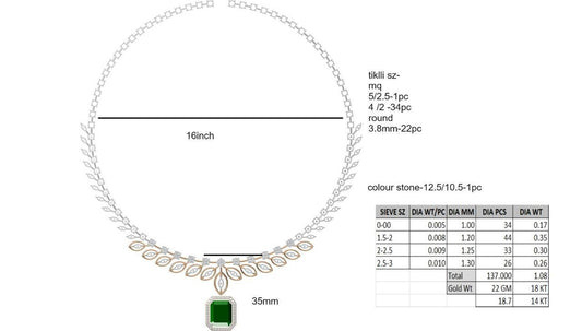 Graceful Emerald Drop Necklace with Leaf-Inspired Diamond Design – 16” Chain, 18KT Gold