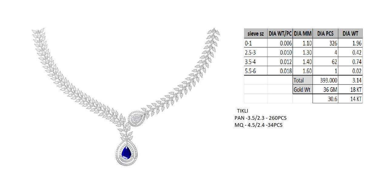 Elegant Leaf Motif Diamond Necklace with Blue Drop Pendant – 3.14 CTW, 18KT Gold
