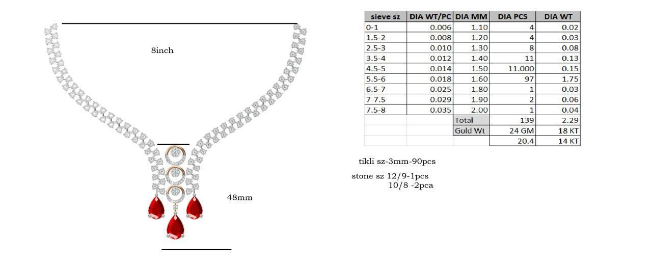 Ruby Red Drop Diamond Necklace with Triple Circular Motif – 8 Inch, 2.29 CTW, 18KT Gold