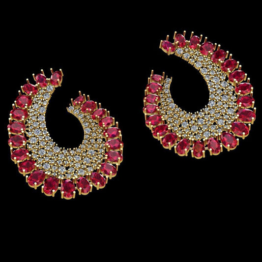 Elegant Red Teardrop Dangle Earrings with Diamond Square Chains – 42mm, 0.95 CTW, 18KT Gold