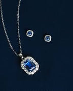 Royal Blue Emerald-Cut Stud Earrings with Diamond Halo – 12mm, 18KT Gold