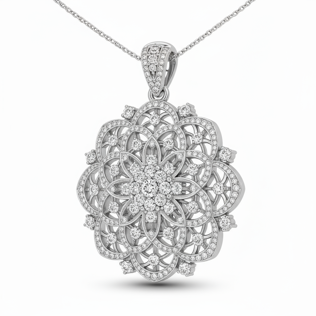 Silver floral pendant necklace on a white background