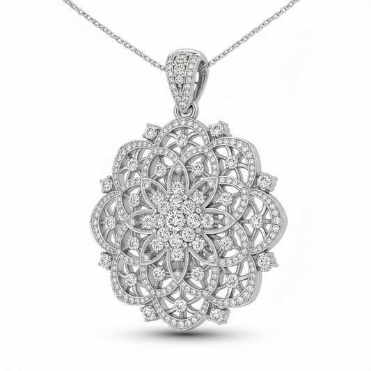 Silver floral pendant necklace on a white background