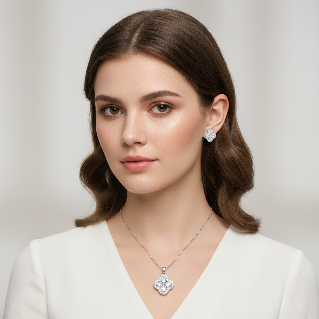 4 Carat Clover Pendant with Chain and Clover Earrings in Sterling Silver with IGI Certificate