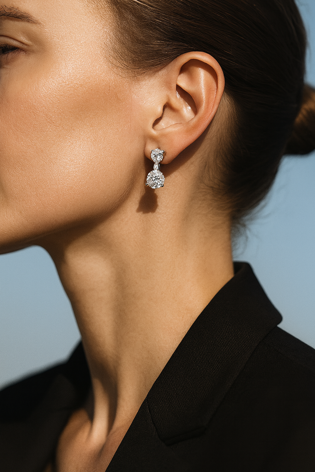 3 Carat Double Drop Earrings with Round-Cut Diamonds