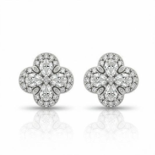 2 Carat, Colour D-E, Clarity VVS-VS, Clover-Cut Diamond Halo Stud Earrings in Sterling Silver