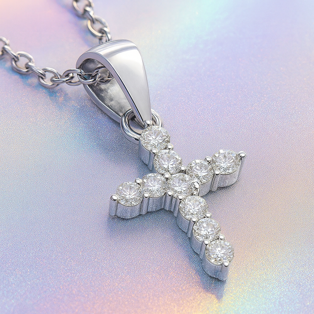 1 Carat, Colour D-E, Clarity VVS-VS Sleek Diamond Cross Necklace with Chain in Sterling Silver