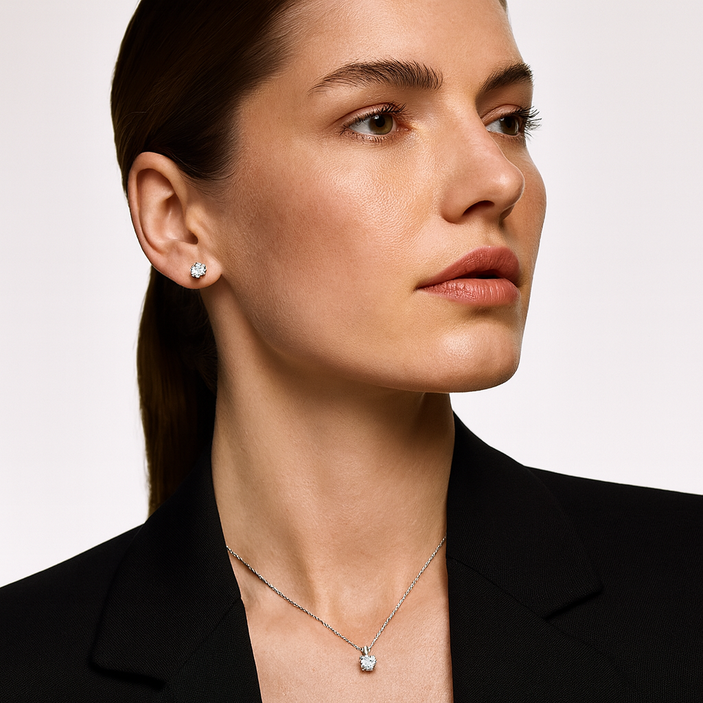 2 Carat Solitaire Pendant with Chain and Stud Earrings  in Sterling Silver with IGI Certificate