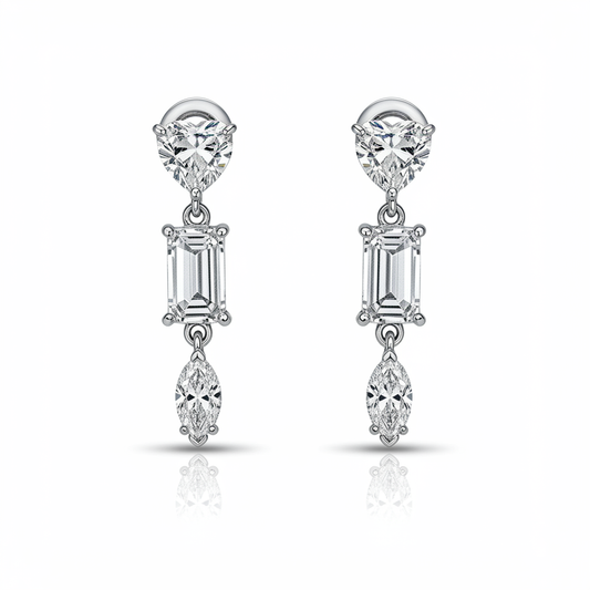 6 Carat Trio-Cut Diamond Drop Earrings with Pear, Emerald, and Marquise in Sterling Silver