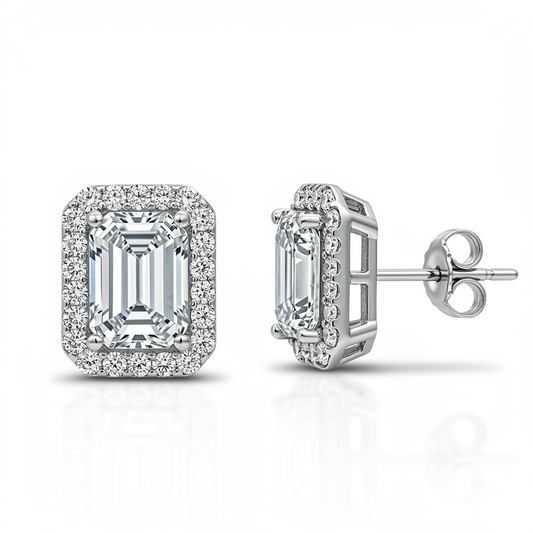 4 Carat Emerald Cut Diamond Stud Earrings Sterling Silver