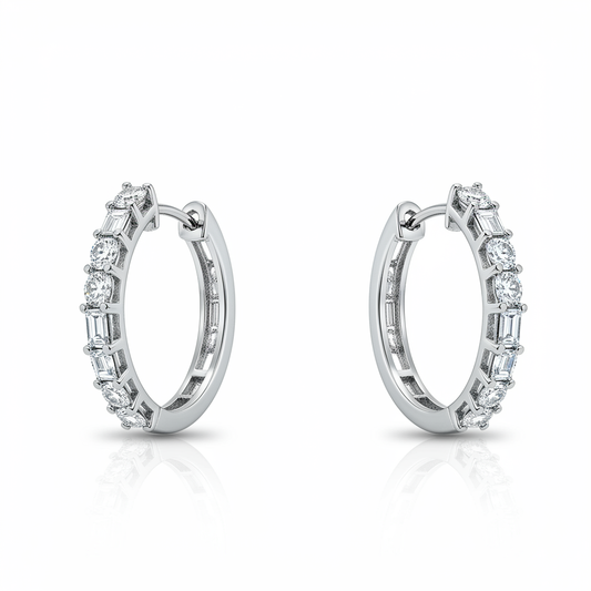 2 ct Diavont Baguette and Round Diamond Huggie Hoop Earring