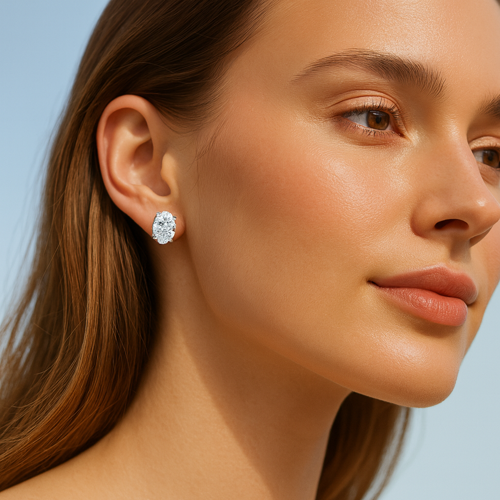 1 Carat, Colour D-E, Clarity VVS-VS, Oval Cut Diamond Stud Earrings