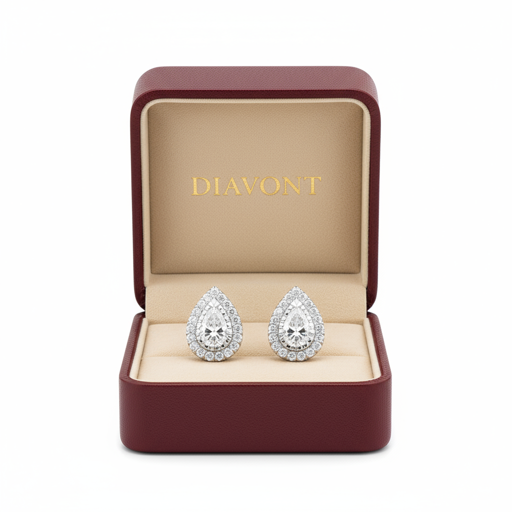 2 Carat Pear Halo Diamond Stud Earrings