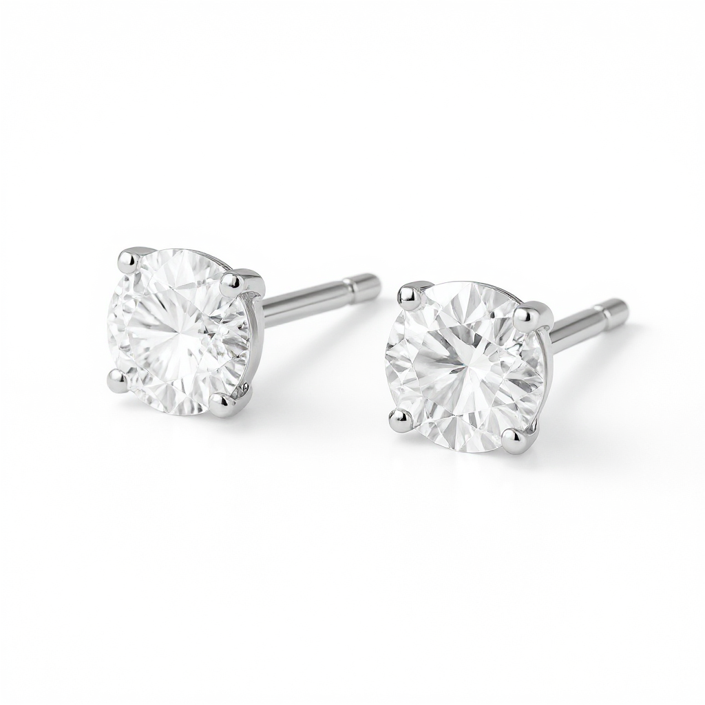 1 Carat, Colour D-E, Clarity VVS-VS, Round-Cut Diamond Solitaire Stud Earrings