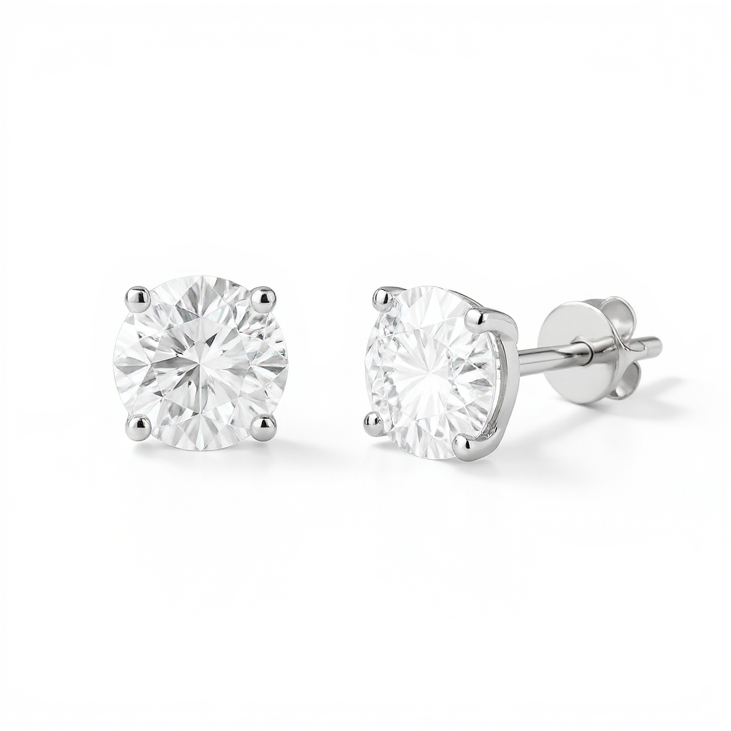 1 Carat, Colour D-E, Clarity VVS-VS, Round-Cut Diamond Solitaire Stud Earrings