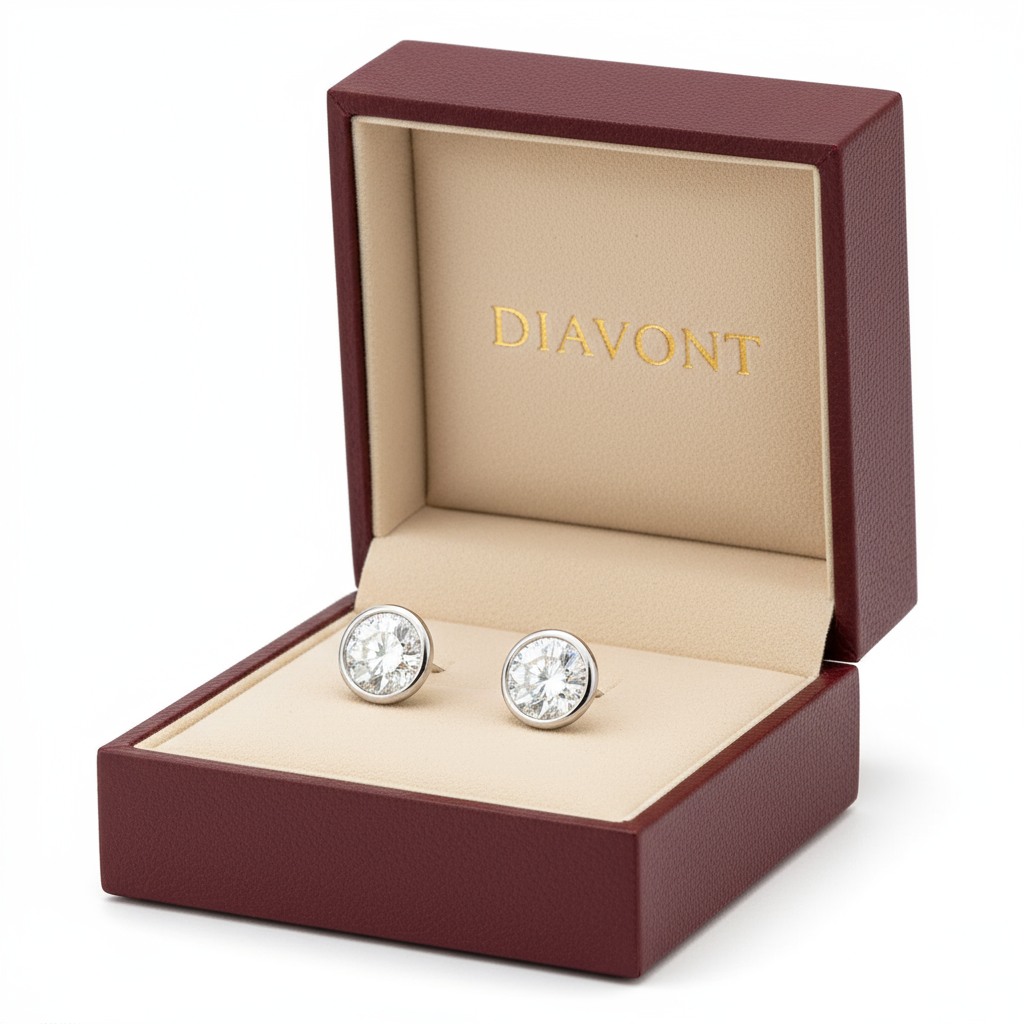 1 Carat, Colour D-E, Clarity VVS-VS, Round Bezel Set Diamond Stud Earrings