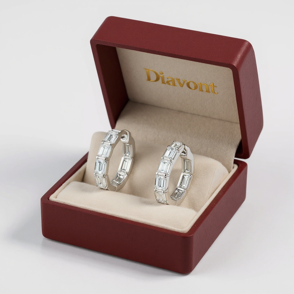 2 Carat Emerald Cut Channel Set Diamond Hoop Earrings in Sterling Silver