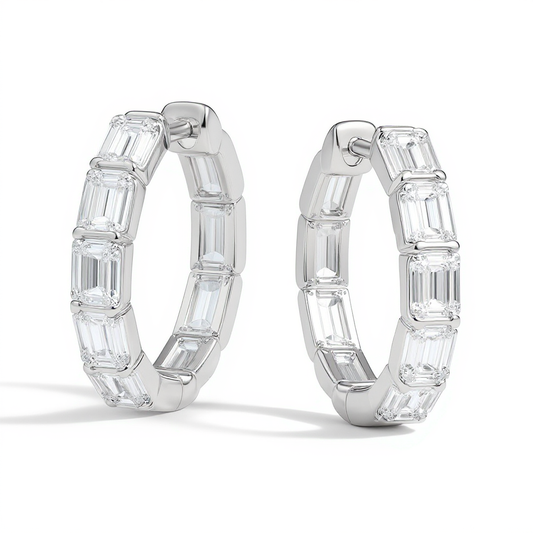 2 Carat Emerald Cut Channel Set Diamond Hoop Earrings in Sterling Silver