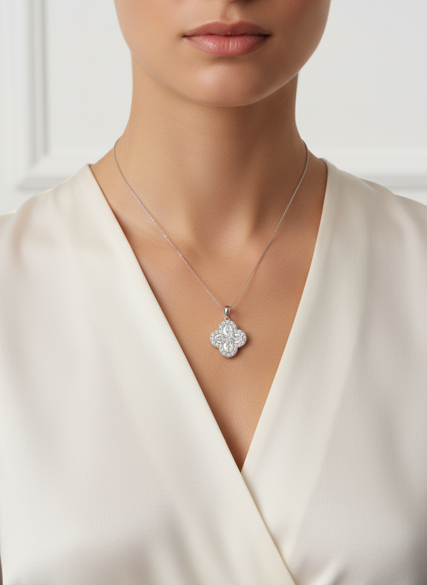 2 Carat, Colour D-E, Clarity VVS-VS, Clover-Cut Diamond Halo Pendent in Sterling Silver