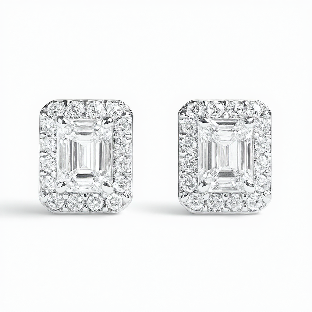 2 Carat Emerald Diamond Halo Stud Earrings