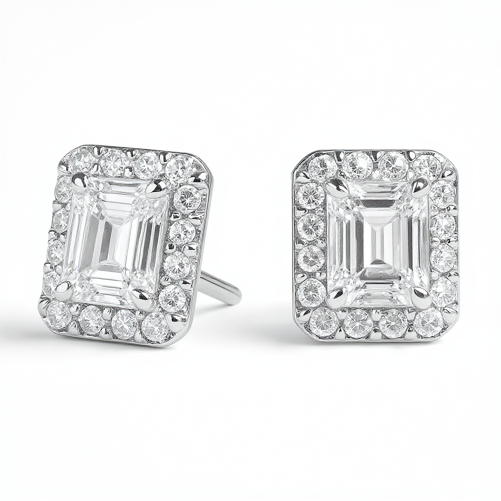 4 Carat Emerald Cut Diamond Stud Earrings Sterling Silver