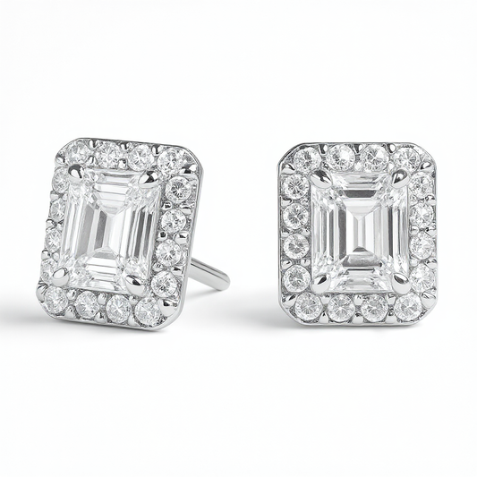 4 Carat Emerald Cut Diamond Stud Earrings Sterling Silver