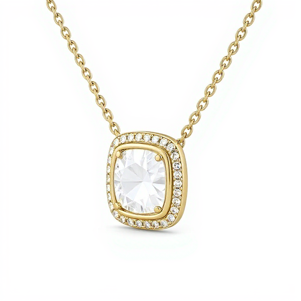 Diavont White Gold Cushion Cut Halo Diamond Pendant Necklace – Elegant & Sparkling Design