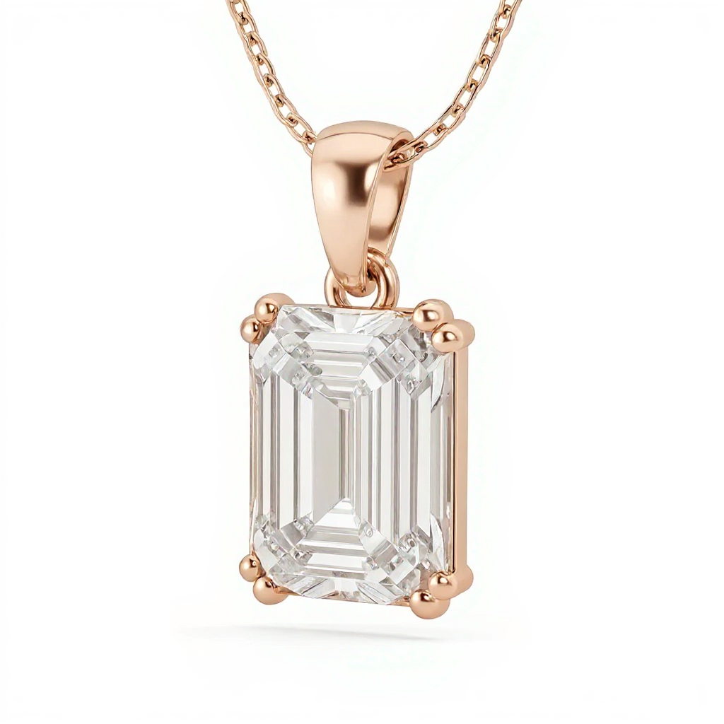 1 Carat Emerald Cut Diamond Pendant Necklace with Chain in 10k Gold