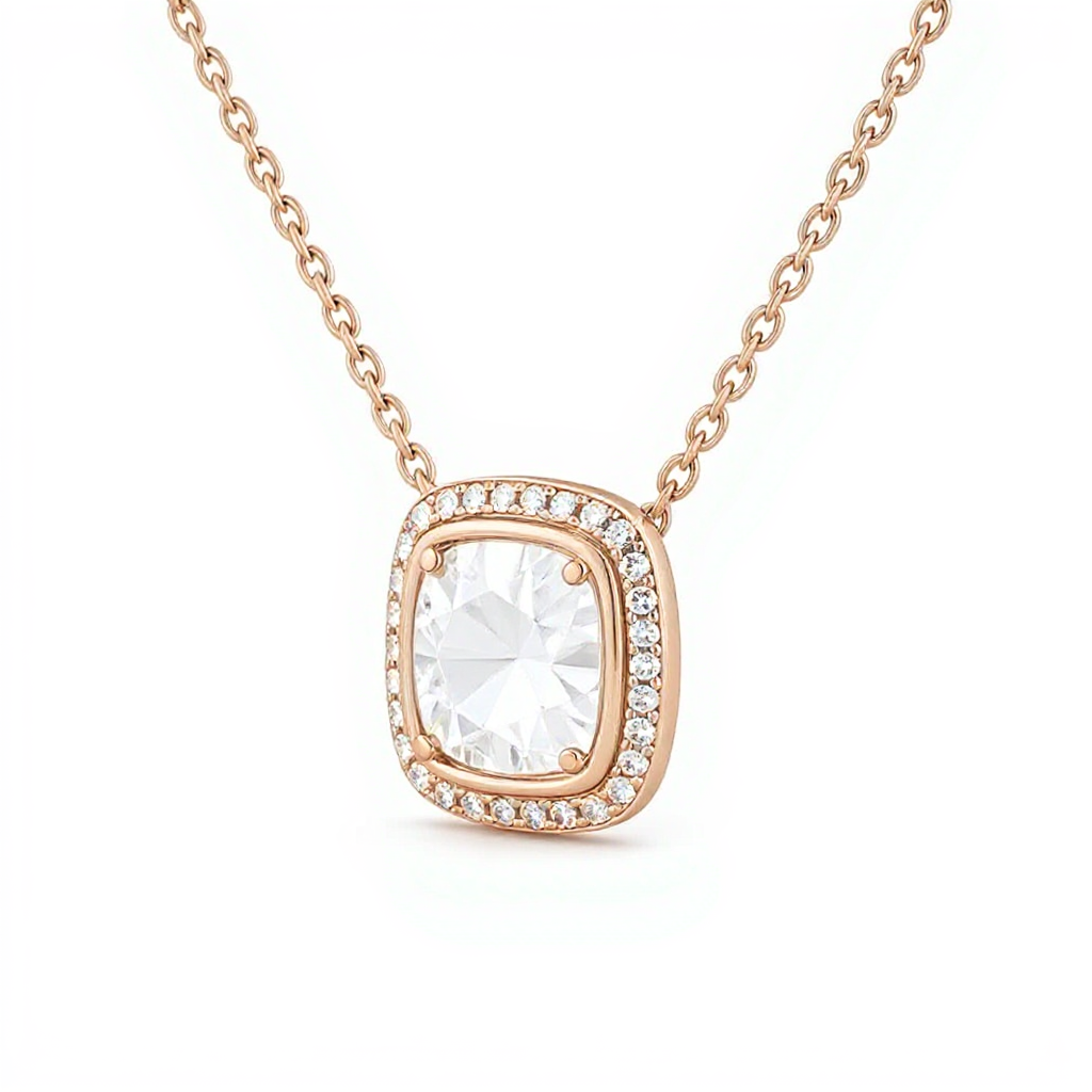 Diavont White Gold Cushion Cut Halo Diamond Pendant Necklace – Elegant & Sparkling Design