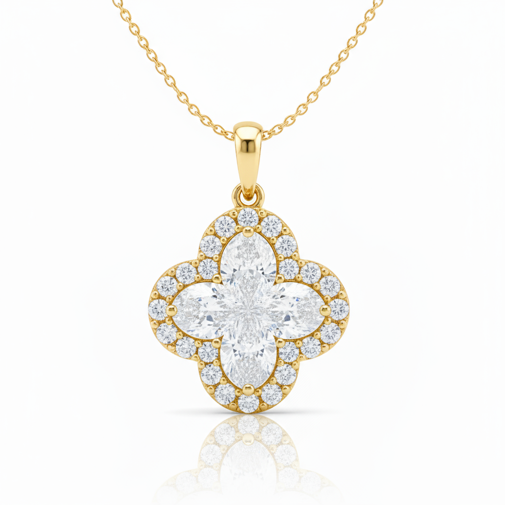 2 Carat, Colour D-E, Clarity VVS-VS, Clover-Cut Diamond Halo Pendent in Sterling Silver