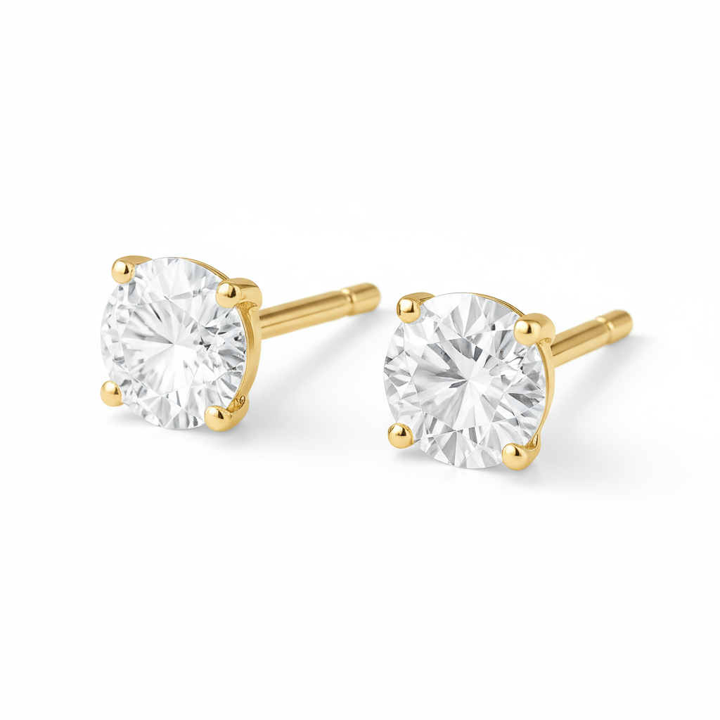 1 Carat, Colour D-E, Clarity VVS-VS, Round-Cut Diamond Solitaire Stud Earrings