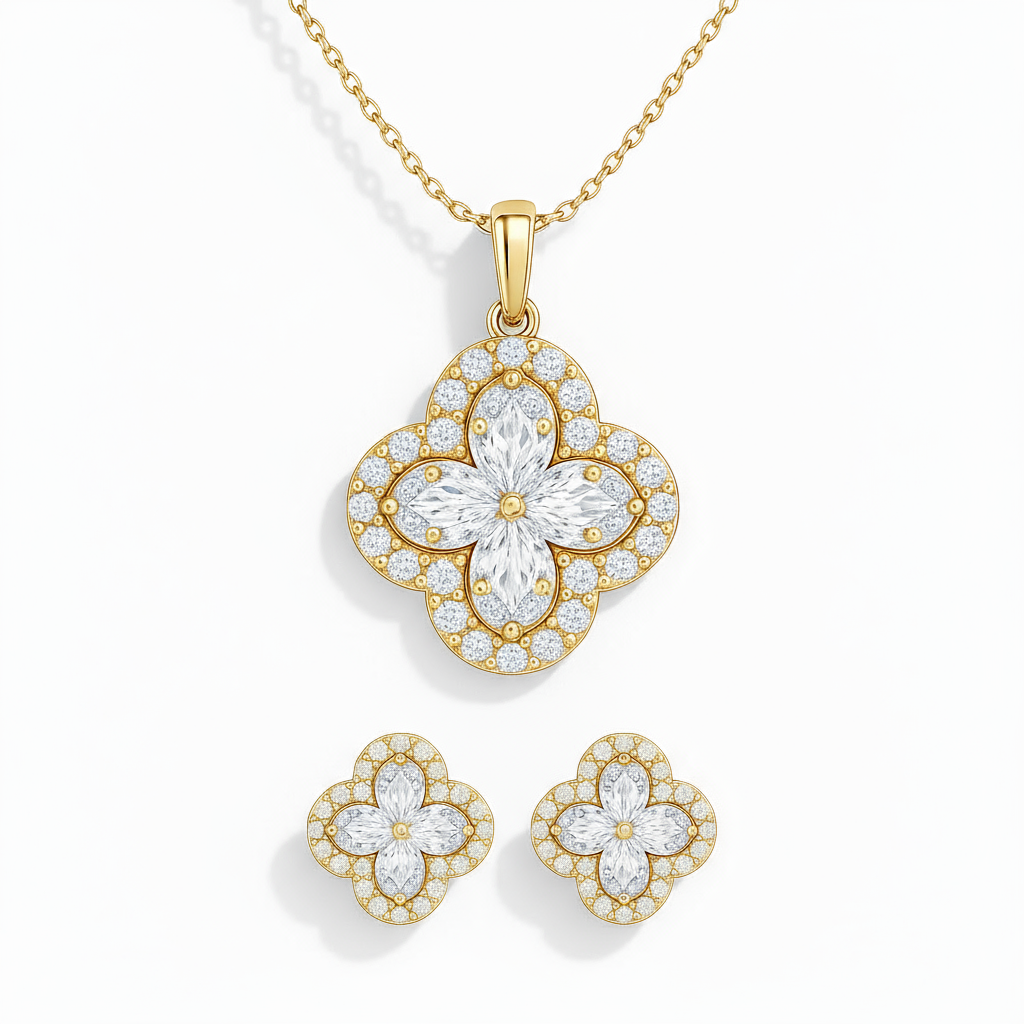 4 Carat Clover Pendant with Chain and Clover Earrings in Sterling Silver with IGI Certificate
