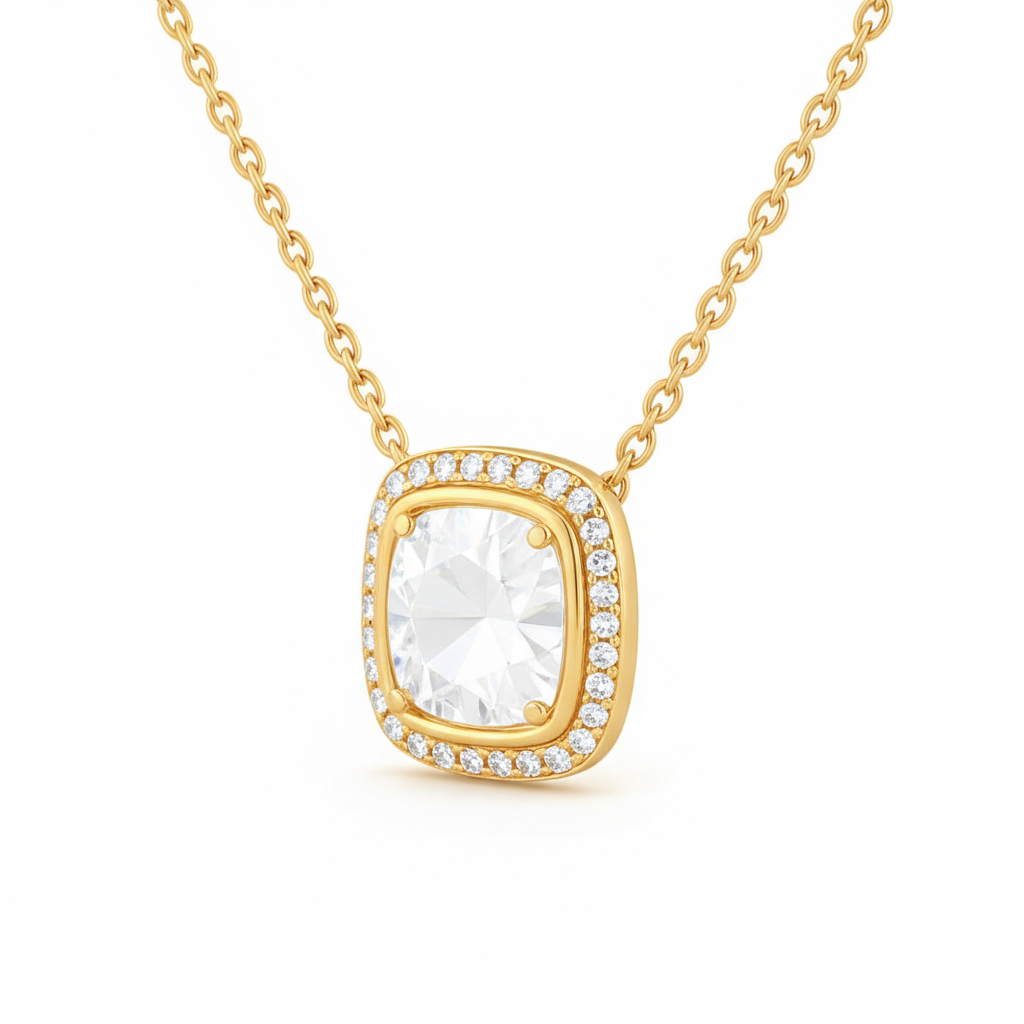 1 Carat, Colour D-E, Clarity VVS-VS, Cushion Cut Halo Diamond Pendant Necklace with Chain in Sterling Silver