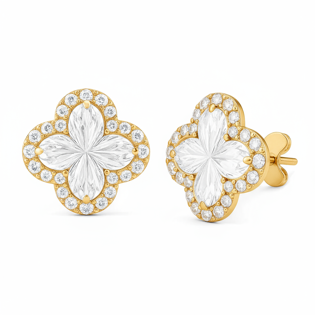2 Carat, Colour D-E, Clarity VVS-VS, Clover-Cut Diamond Halo Stud Earrings in Sterling Silver