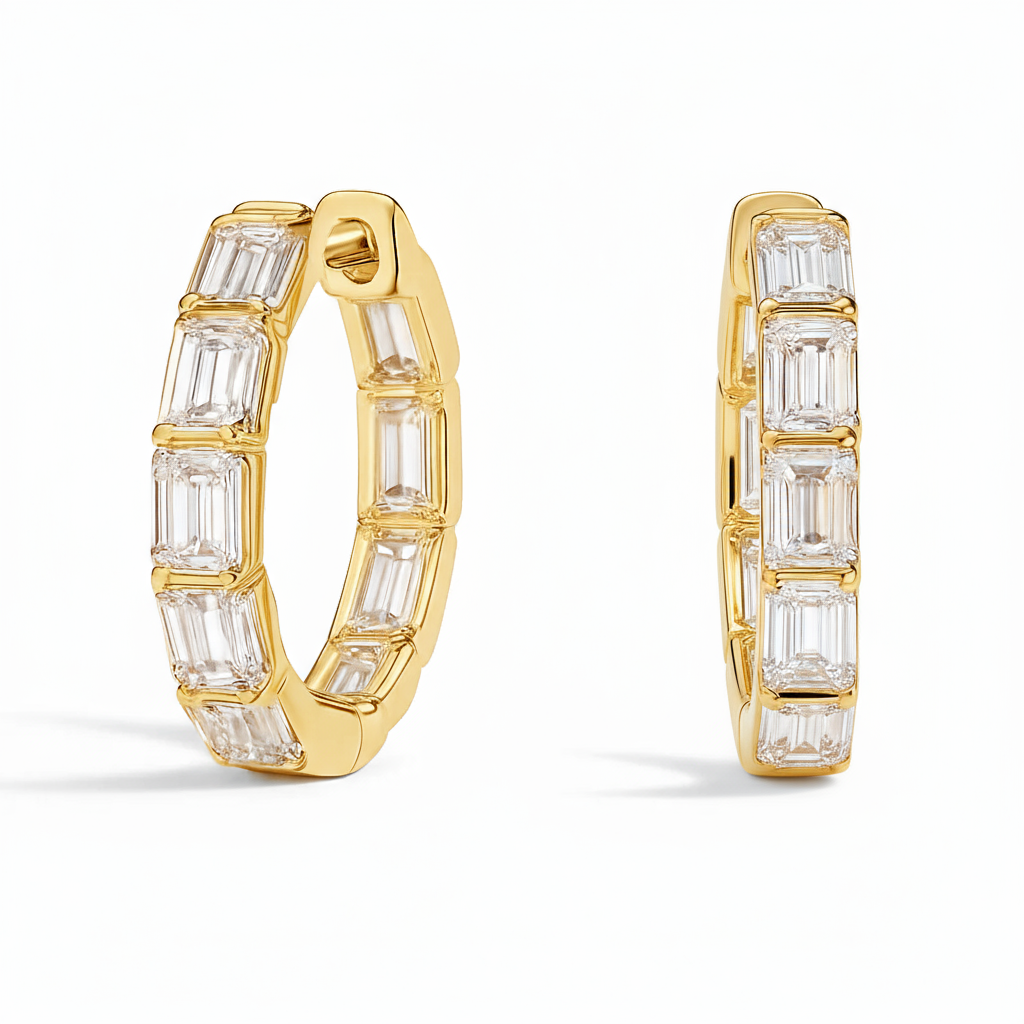 2 Carat Emerald Cut Channel Set Diamond Hoop Earrings in Sterling Silver