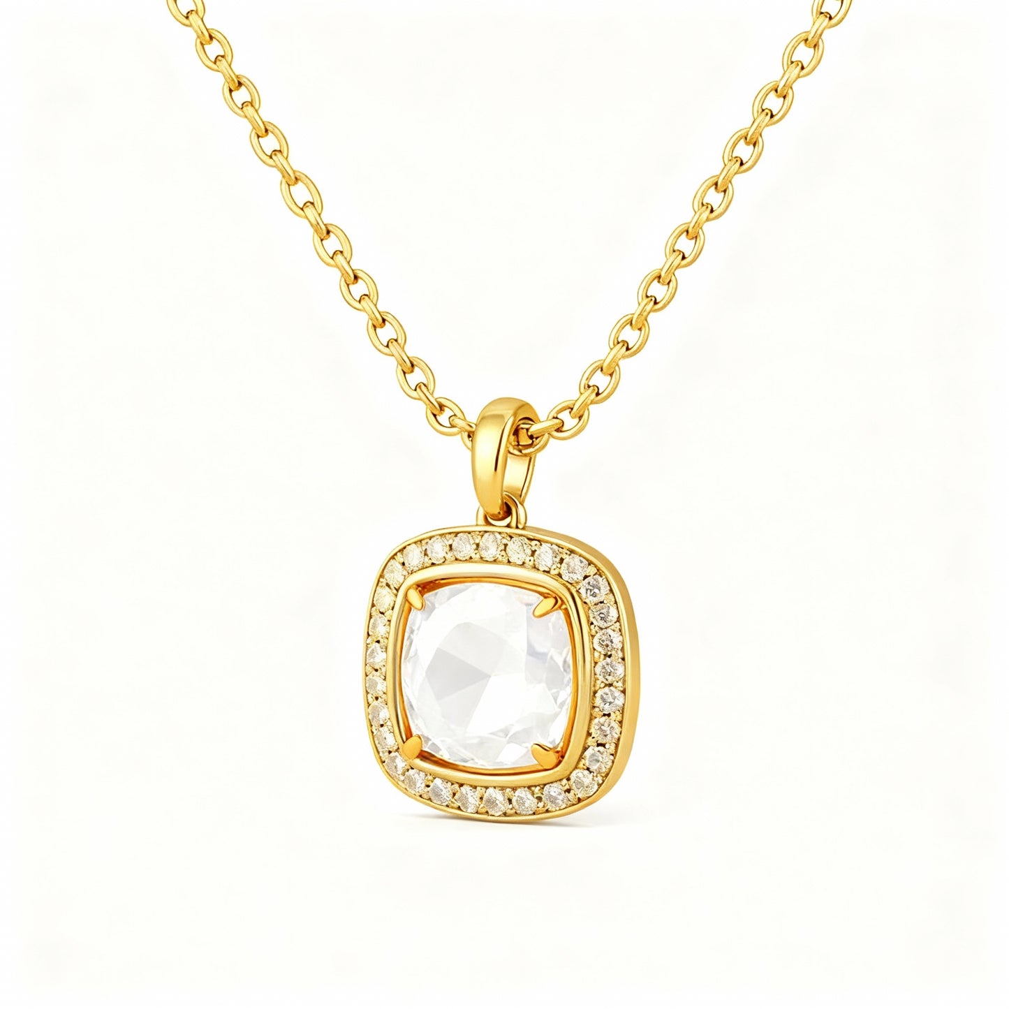 1 Carat, Colour D-E, Clarity VVS-VS, Double Halo Cushion Pendant with Chain in Sterling Silver