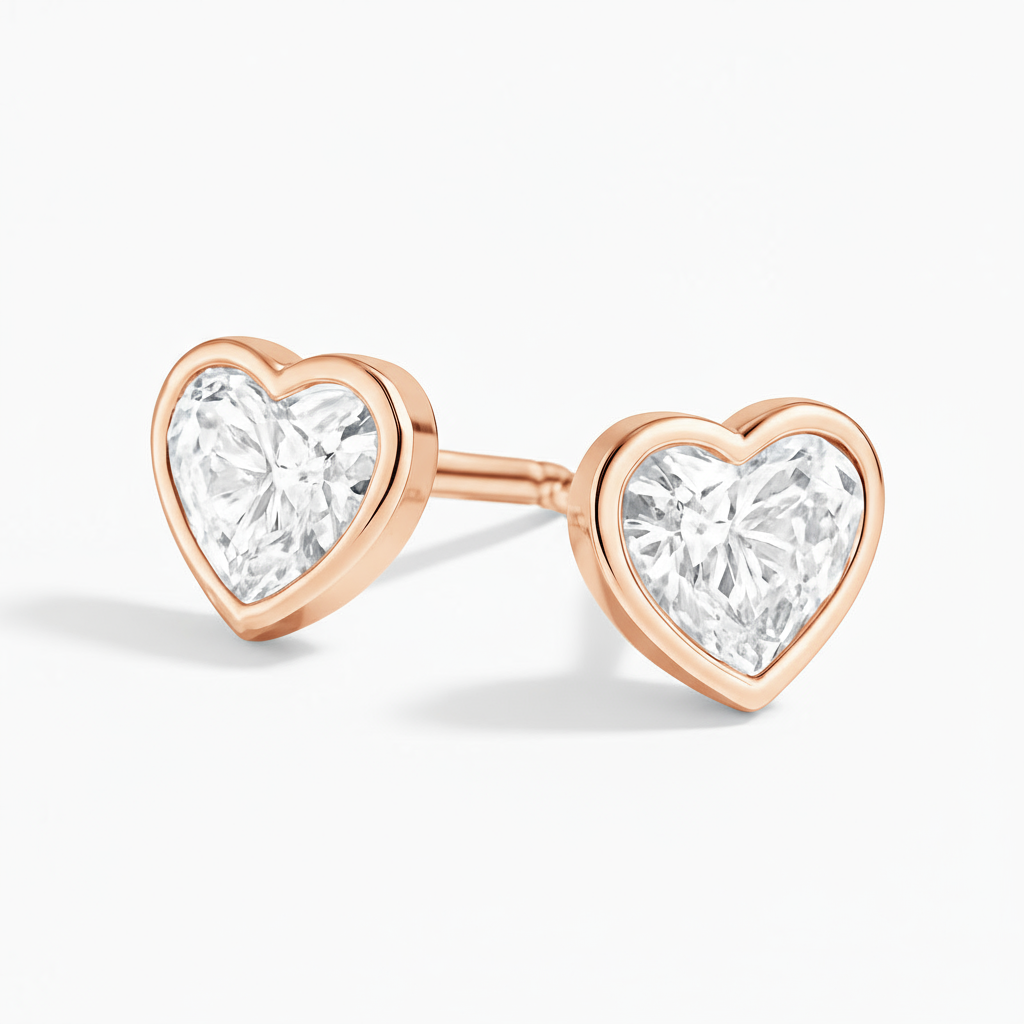 1 Carat, Colour D-E, Clarity VVS-VS, Heart Shaped Diamond Bezel Stud Earrings