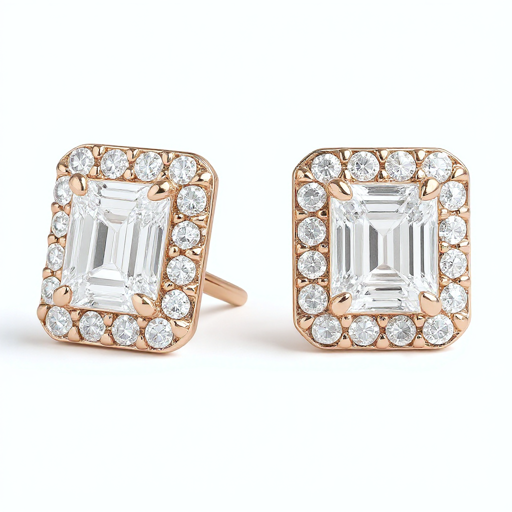 2 Carat Emerald Diamond Halo Stud Earrings