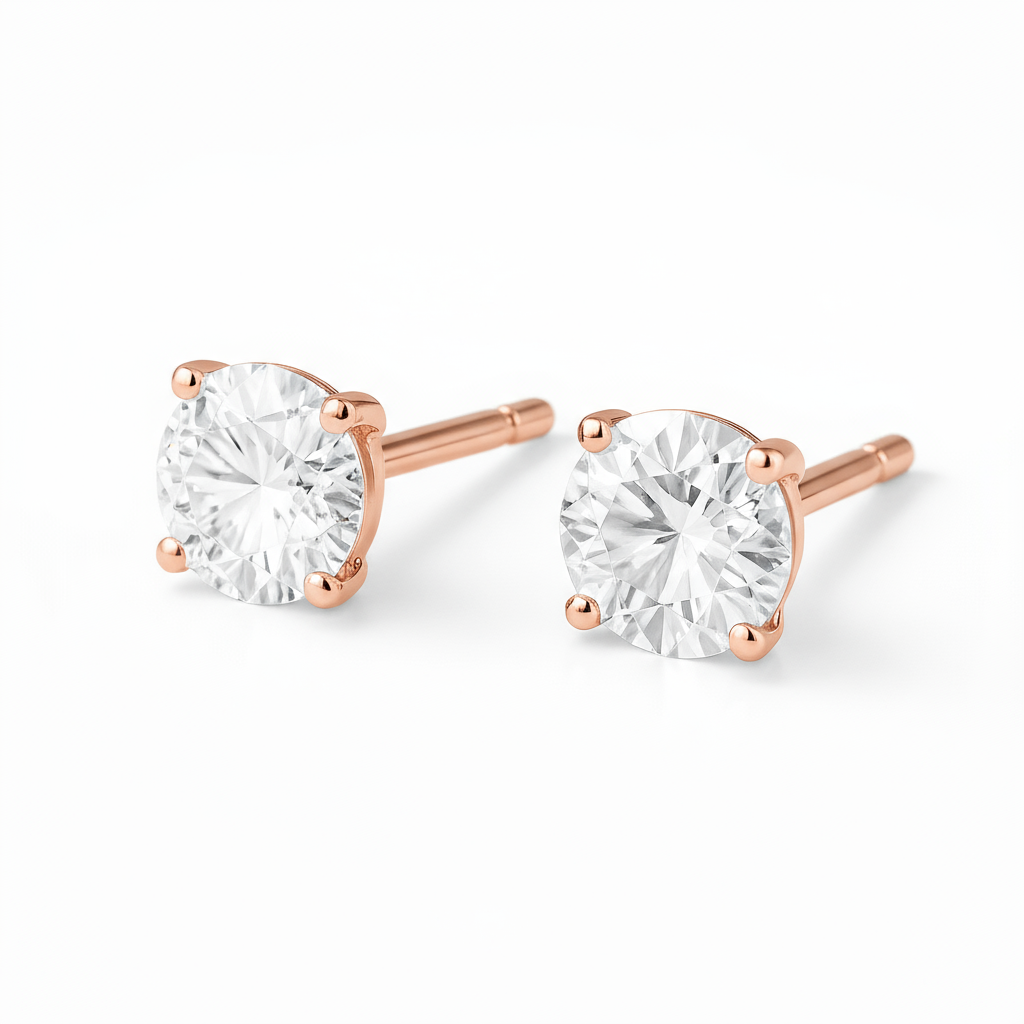 1 Carat, Colour D-E, Clarity VVS-VS, Round-Cut Diamond Solitaire Stud Earrings