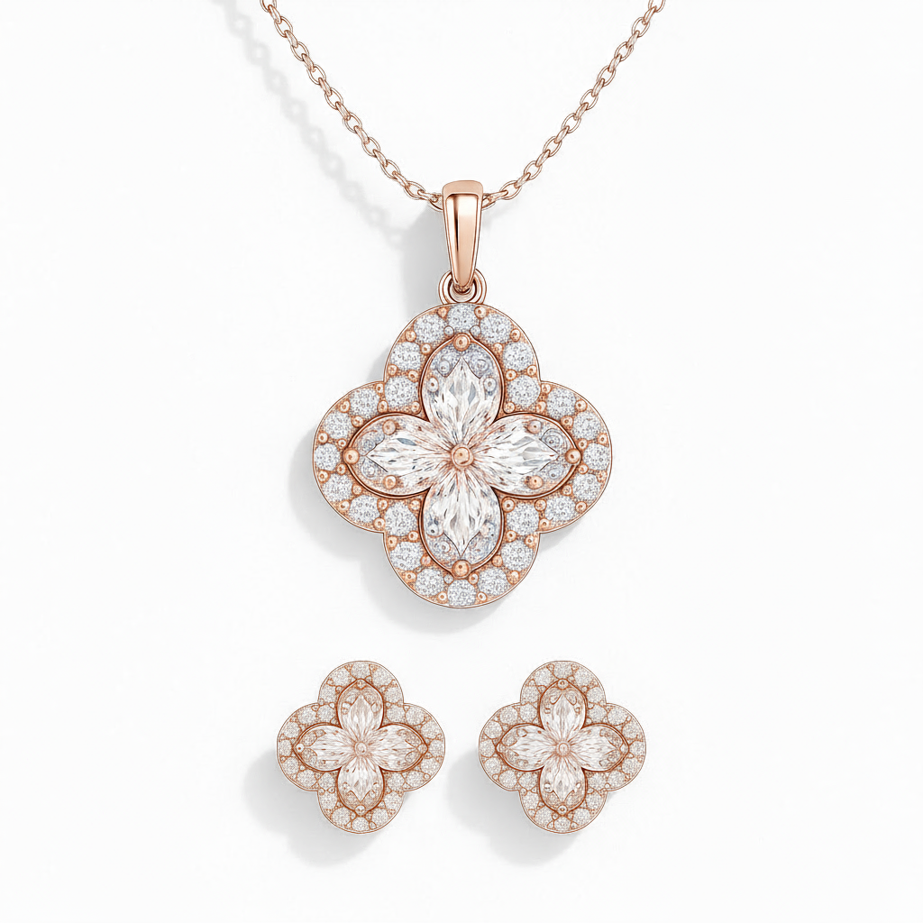 4 Carat Clover Pendant with Chain and Clover Earrings in Sterling Silver with IGI Certificate